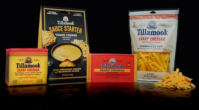 Image of Tillamook Sauce Starter, Medium Cheddar Block, Sharp Cheddar Shreds, and Medium Cheddar Slices
